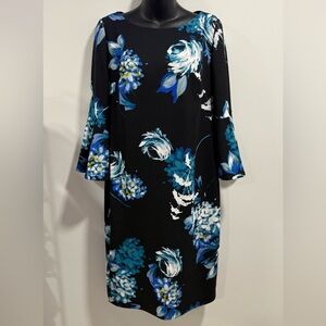 Calvin Klein Black Bell Sleeve Dress with Blue Floral Design